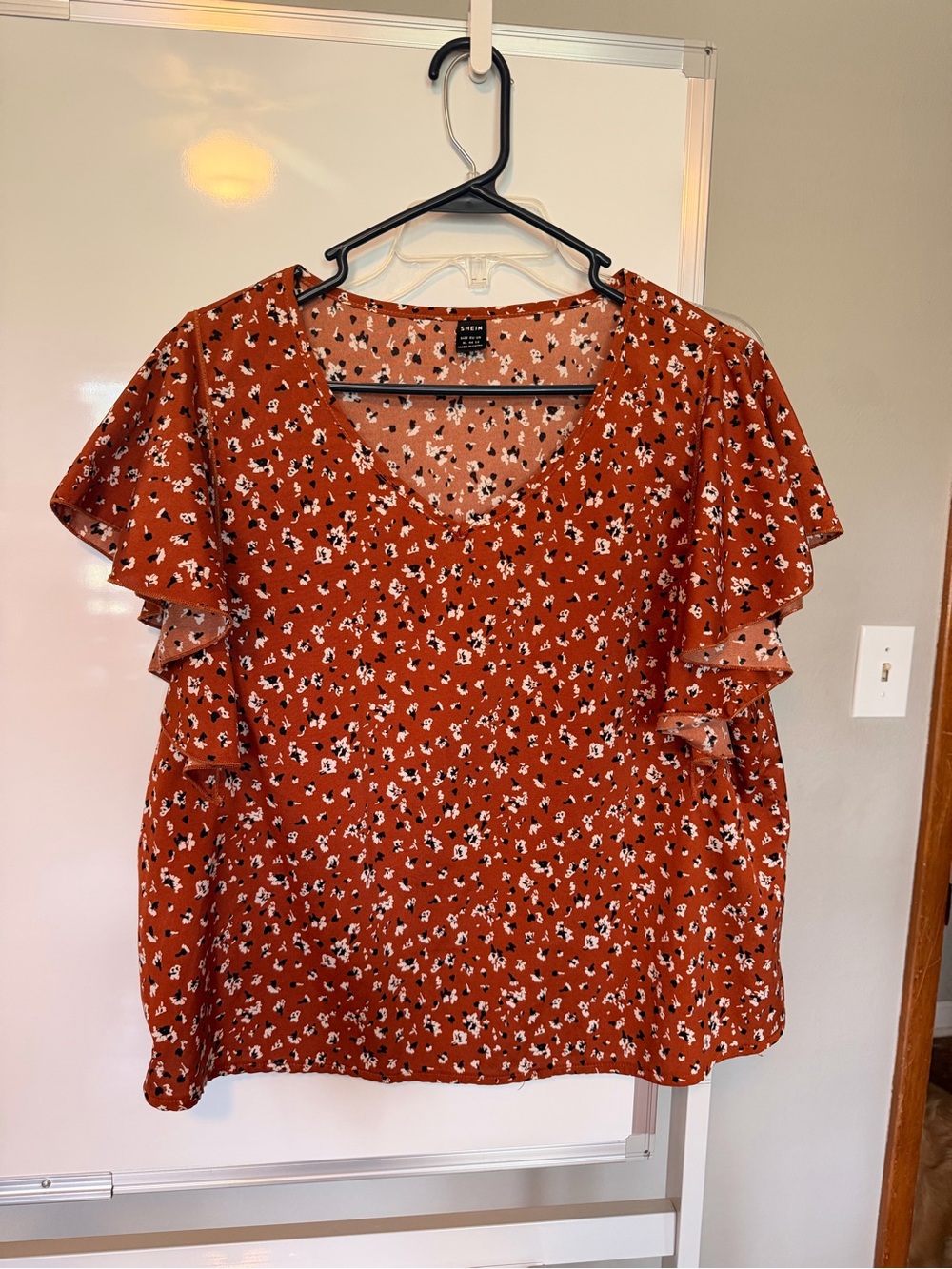 SHEIN Rust Floral V-Neck Flutter Sleeve Blouse